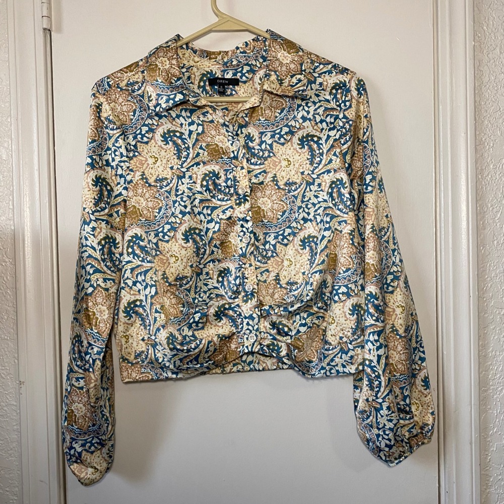 DREW Floral Print Button Down Long Sleeve Blouse Cropped Collared Shirt